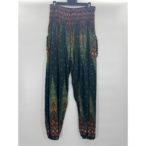 Boho Floral Peacock Harem Pants XXL Lounge Yoga Green Paisley Soft Aesthetic - Picture 2 of 11
